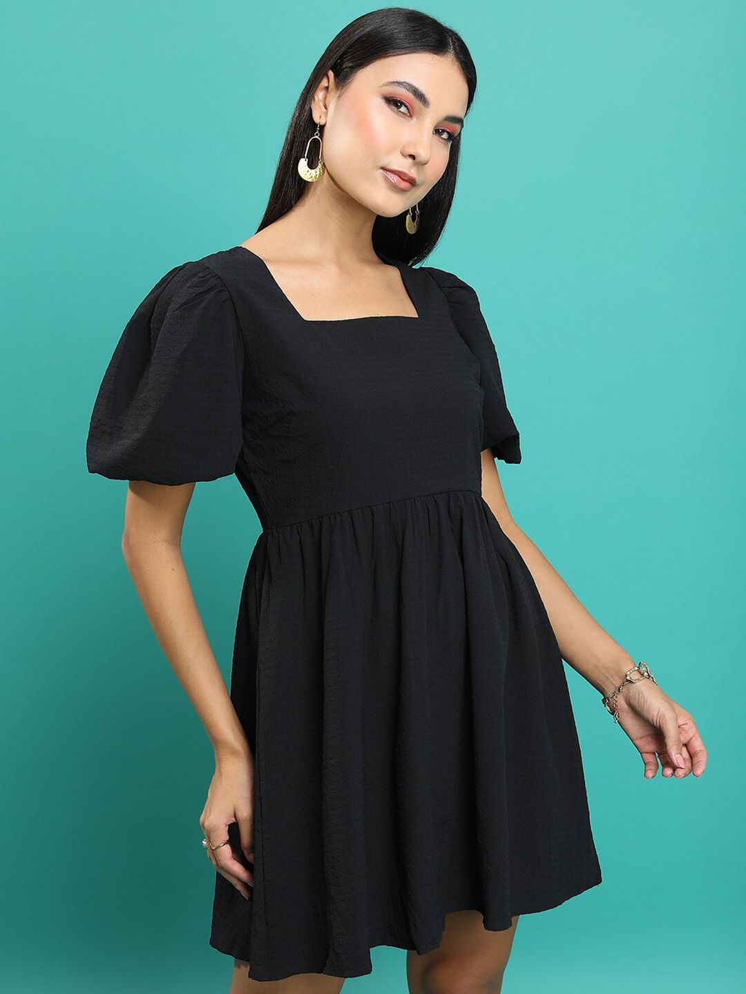 Tokyo Talkies Square Neck Puff Sleeve Gathered Fit & Flare Dress