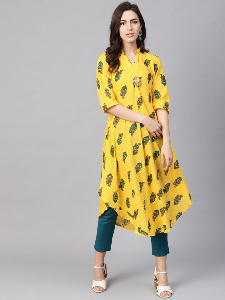 SOJANYA Kurta Bercetak A-Line Wanita Kuning & Hijau