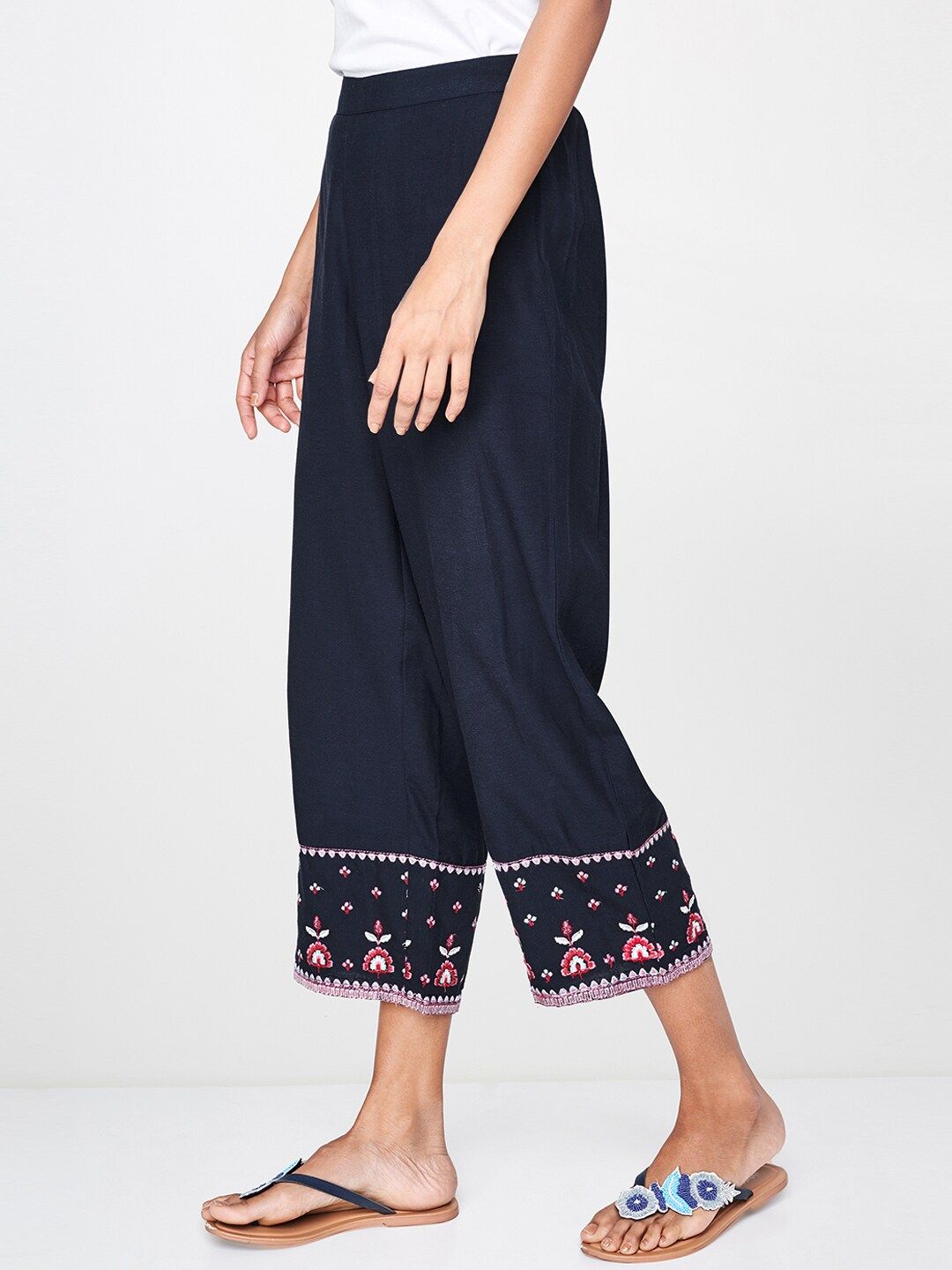 Global Desi Women Navy Blue Regular Fit Embroidered Culottes