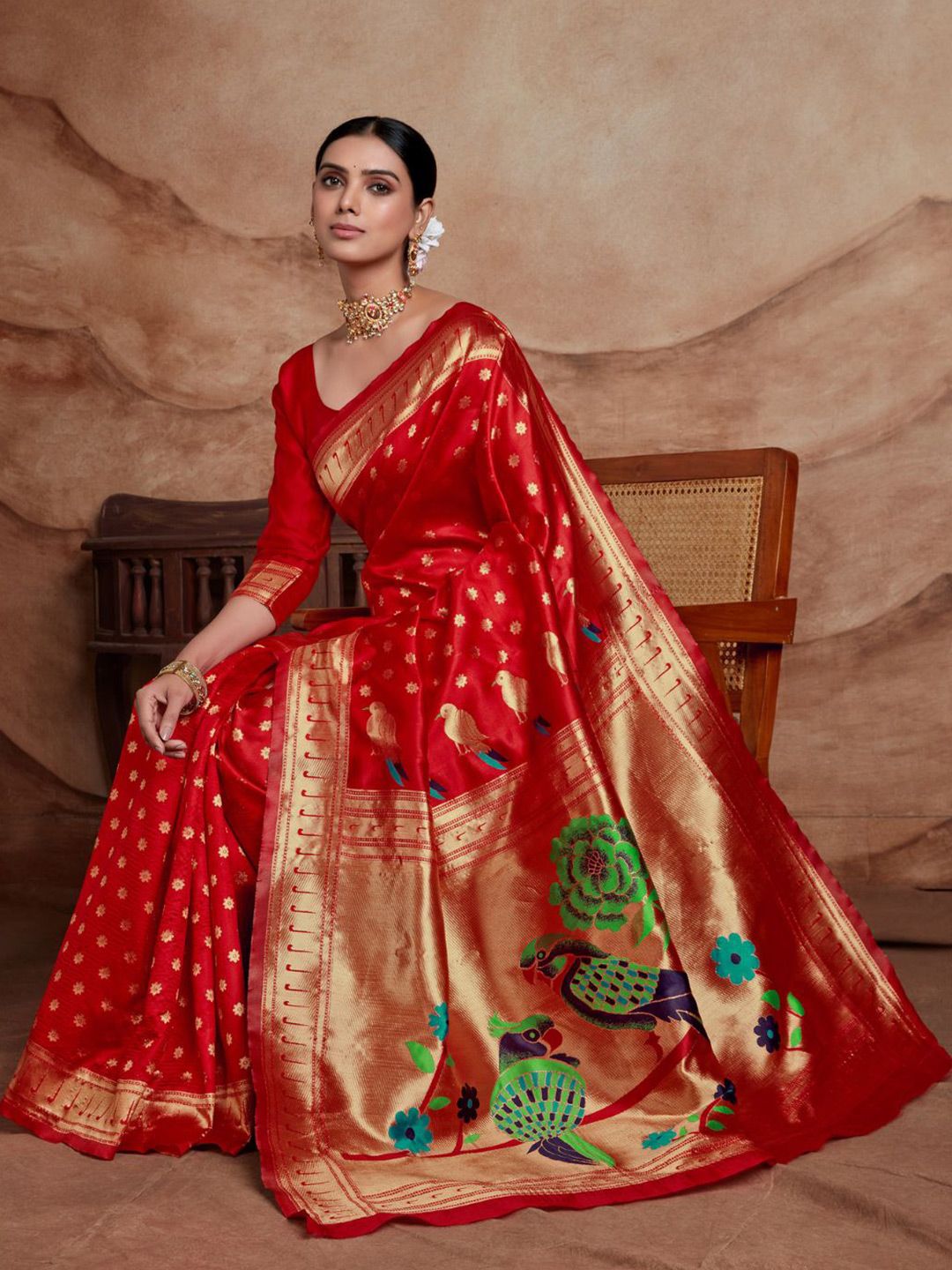 KALINI Ethnic Motifs Silk Blend Woven Paithani Saree with Blouse Piece