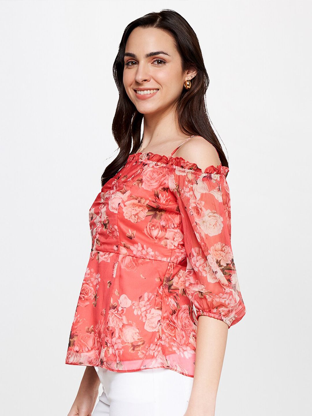 AND Floral Printed Puff Sleeves Bardot Top