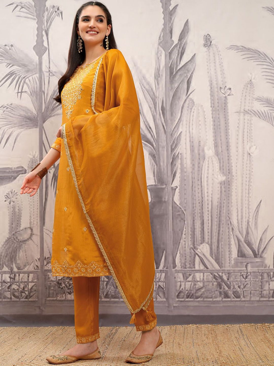 Vishudh Ethnic Motifs Embroidered Straight Kurta & Trousers With Dupatta