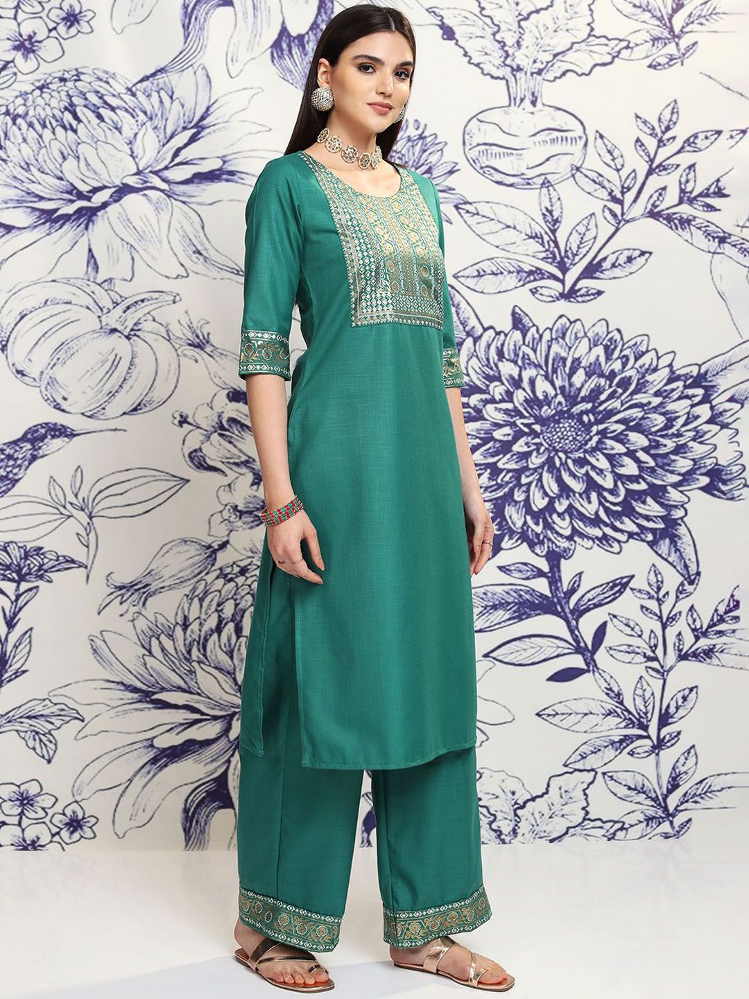 Vishudh Green Ethnic Motifs Yoke Design Regular Straight Kurta With Palazzos & Dupatta