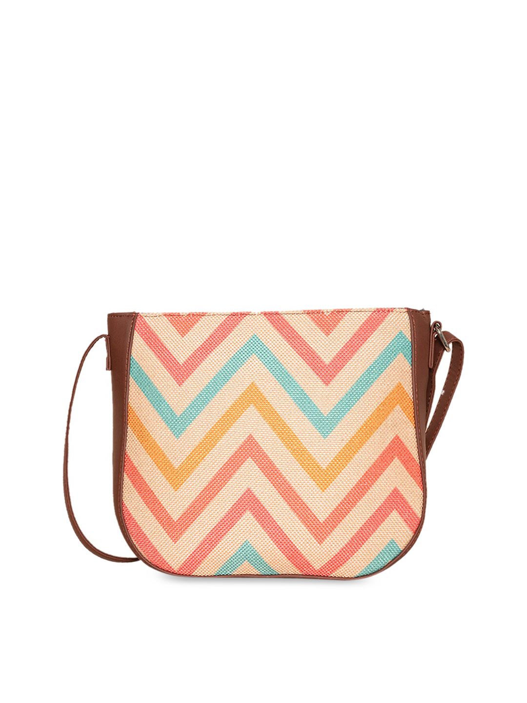 ZOUK Pink Geometric Striped Structured Sling Bag with Quilted