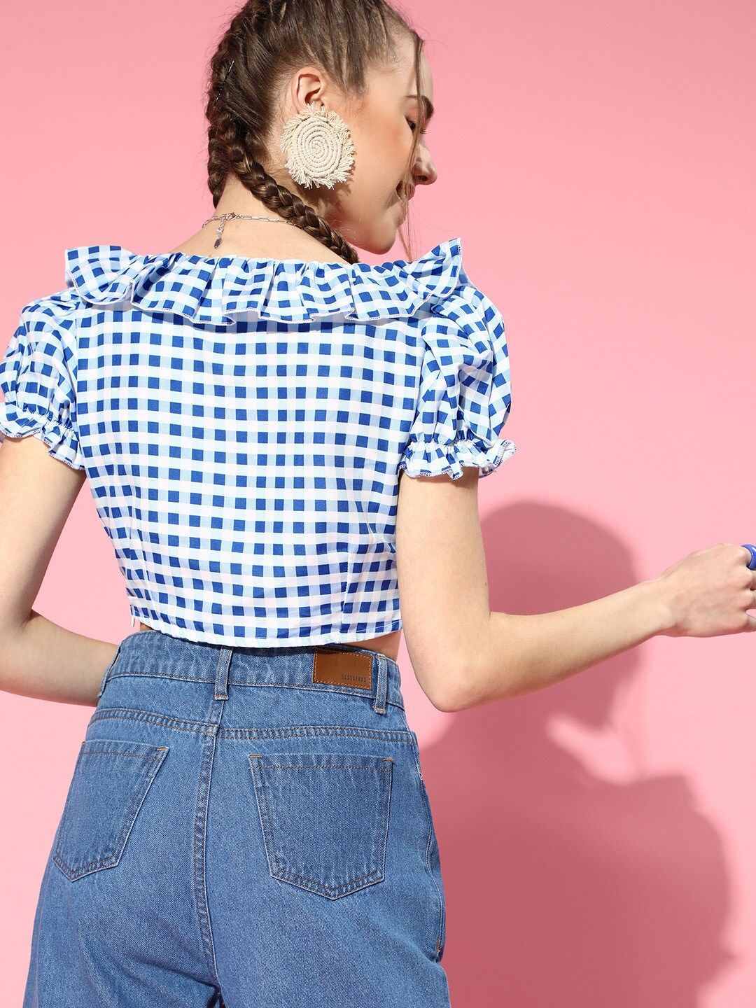 SASSAFRAS Women Blue & White Checked Ruffles Fitted Crop Top