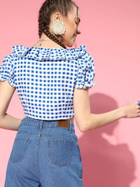 SASSAFRAS Women Blue & White Checked Ruffles Fitted Crop Top