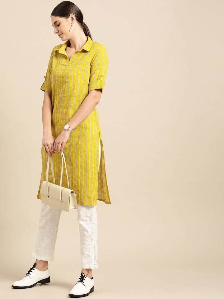 Anouk Women Lime Green & Teal Blue Striped Pure Cotton Straight Kurta