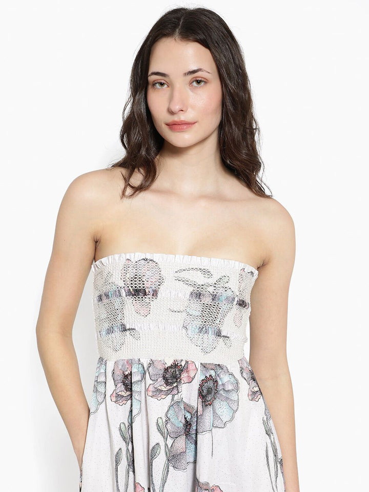 Rareism Off Shouler Floral Printed Cotton Fit & Flare Midi Dress
