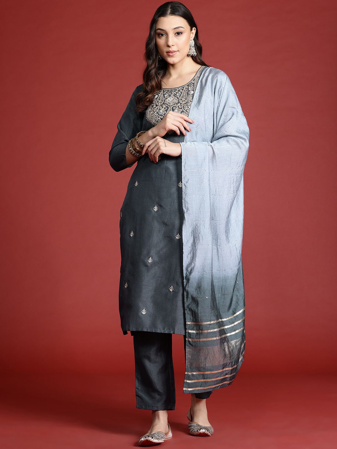 Anouk Tyohaar Ethnic Motifs Woven Sequinned Kurta with Trousers & Dupatta