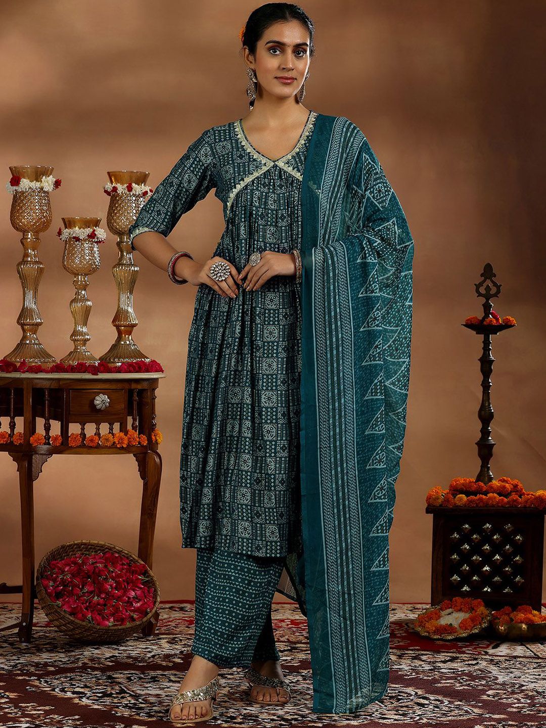 Libas Ethnic Motifs Printed Empire Gotta Patti Kurta with Trousers & Dupatta