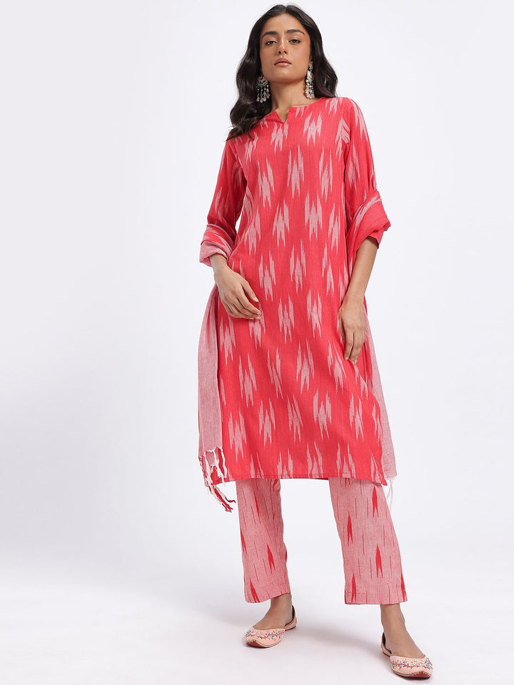 Anouk Ikat Printed Pure Cotton Straight Kurta with Trousers & Dupatta