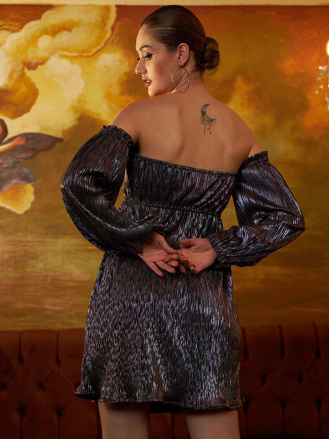 Athena Self Design Off Shoulder Gathered A-Line Dress