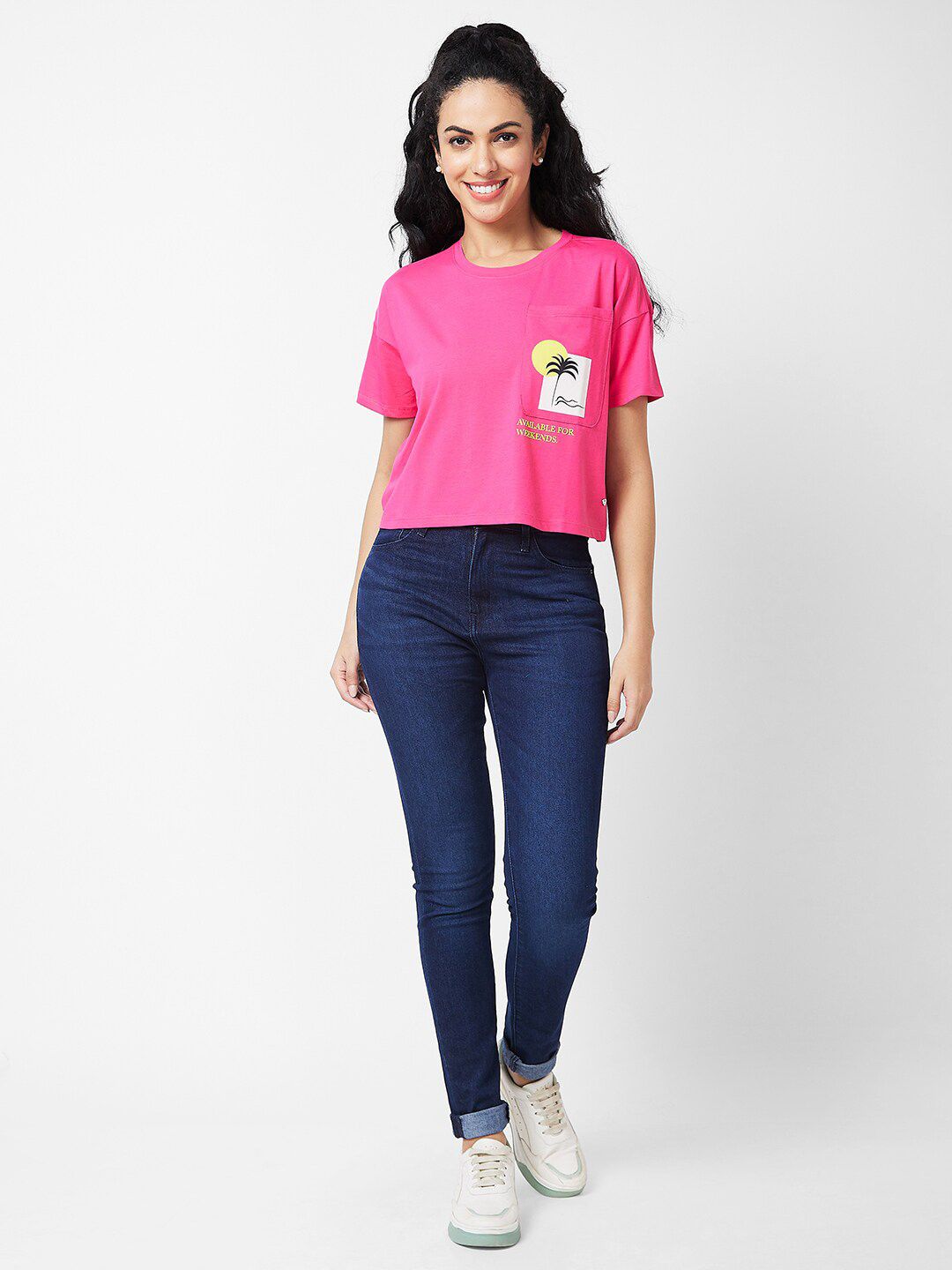 SPYKAR Graphic Printed Round Neck Cotton Pocket Boxy T-shirt