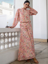 Janasya Women's Beige Georgette Floral Regular Co-ord Set