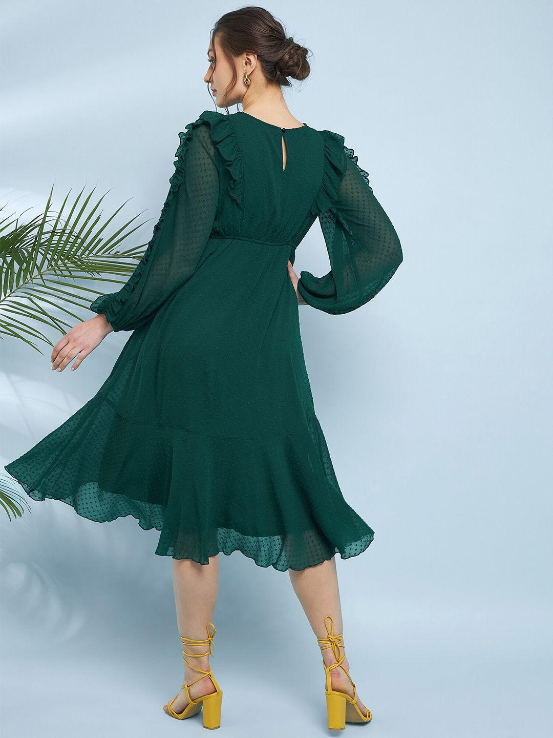 Antheaa Embroidered Puff Sleeve Fit & Flare Midi Dress