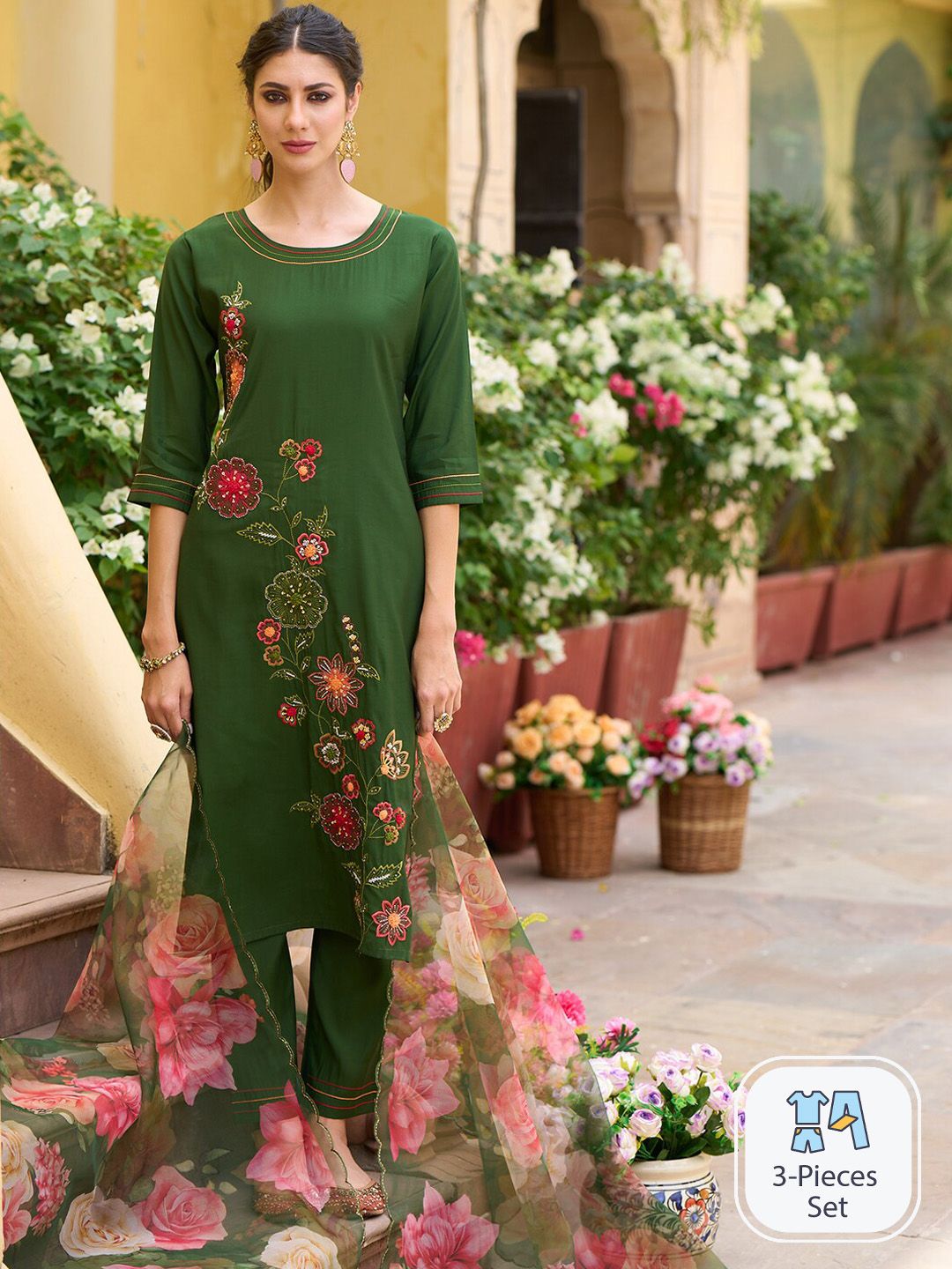 Indo Era Floral Embroidered Thread Work Kurta With Trousers & Dupatta