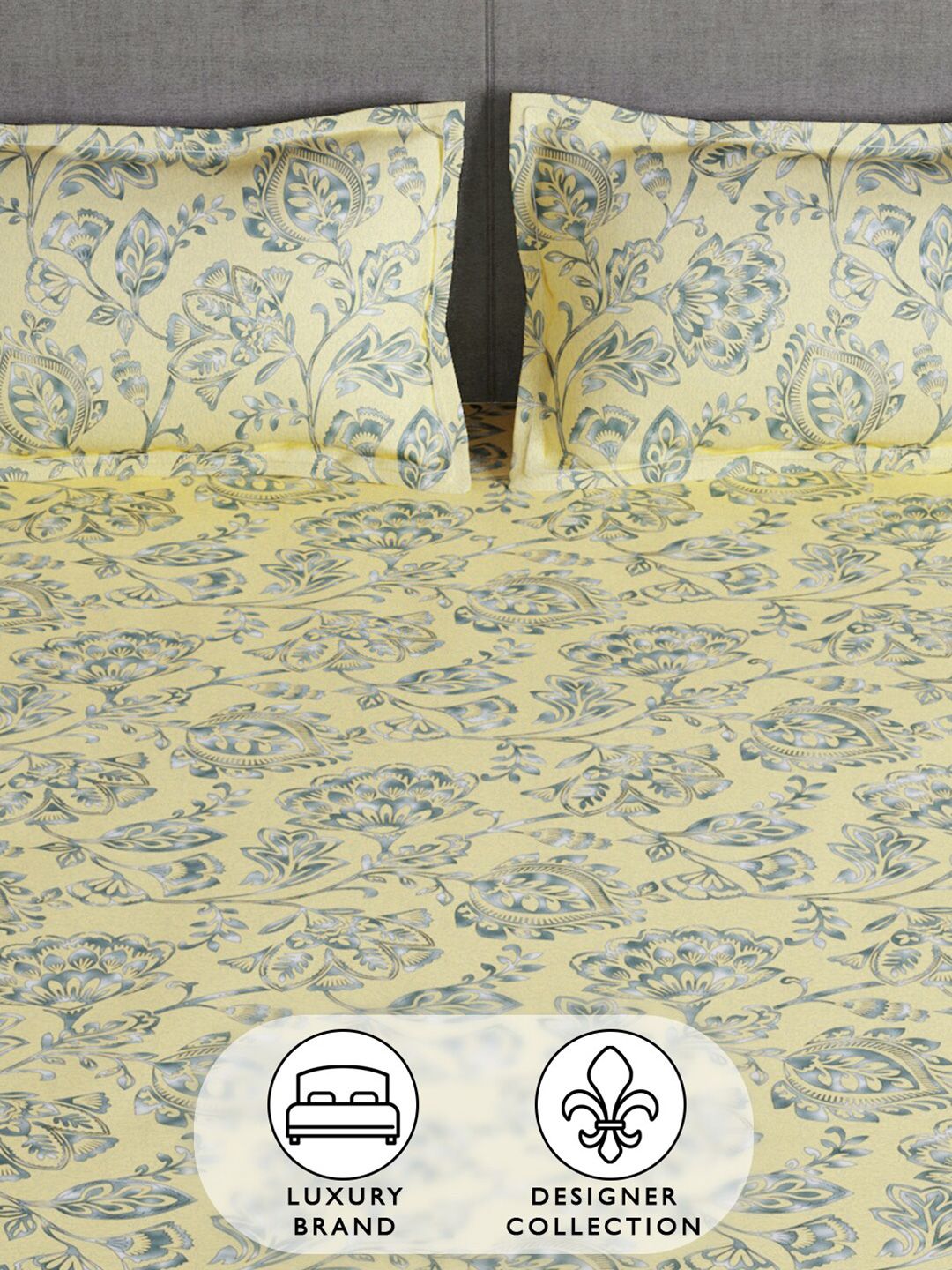 Story@home Cream & Grey Floral 180 TC Queen Bedsheet with 2 Pillow Covers