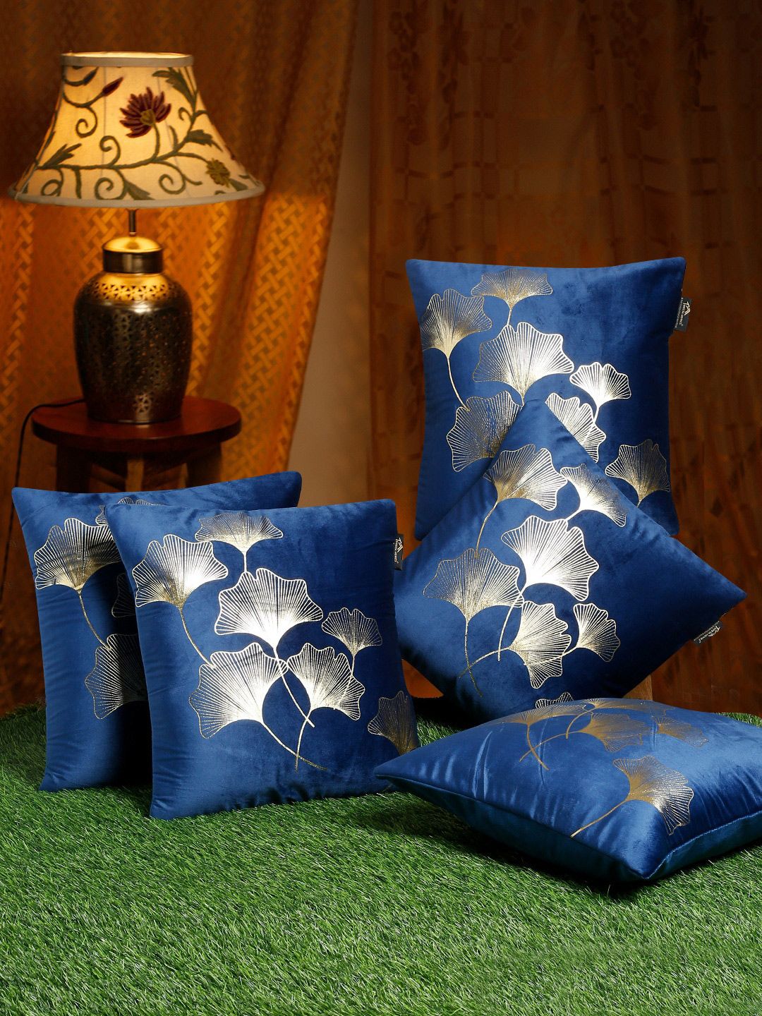 HOSTA HOMES Blue & Gold Set of 5 Floral Velvet Square Cushion Covers