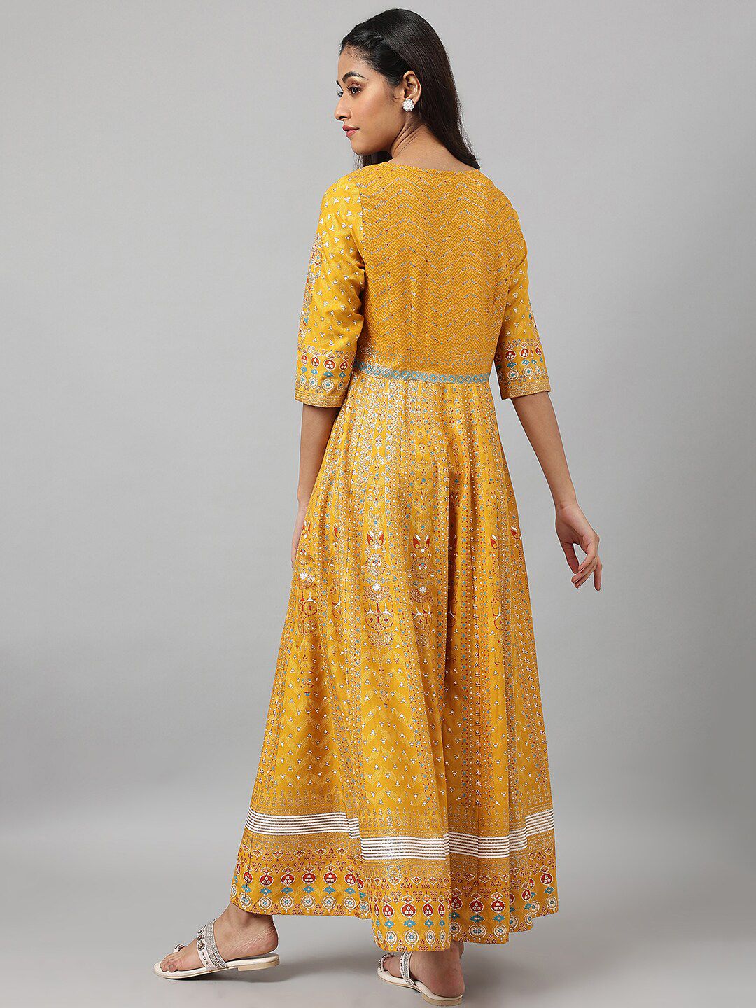 W Yellow Ethnic Motifs Keyhole Neck Ethnic Maxi Dress
