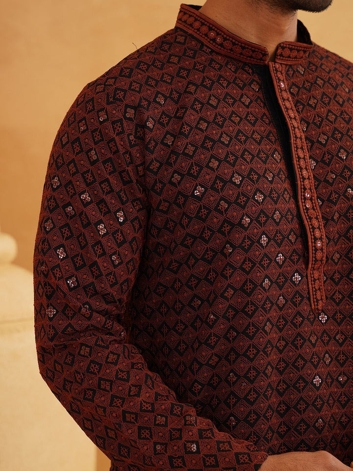 SOJANYA Geometric Embroidered Mandarin Collar Thread Work Pure Cotton Kurta with Churidar