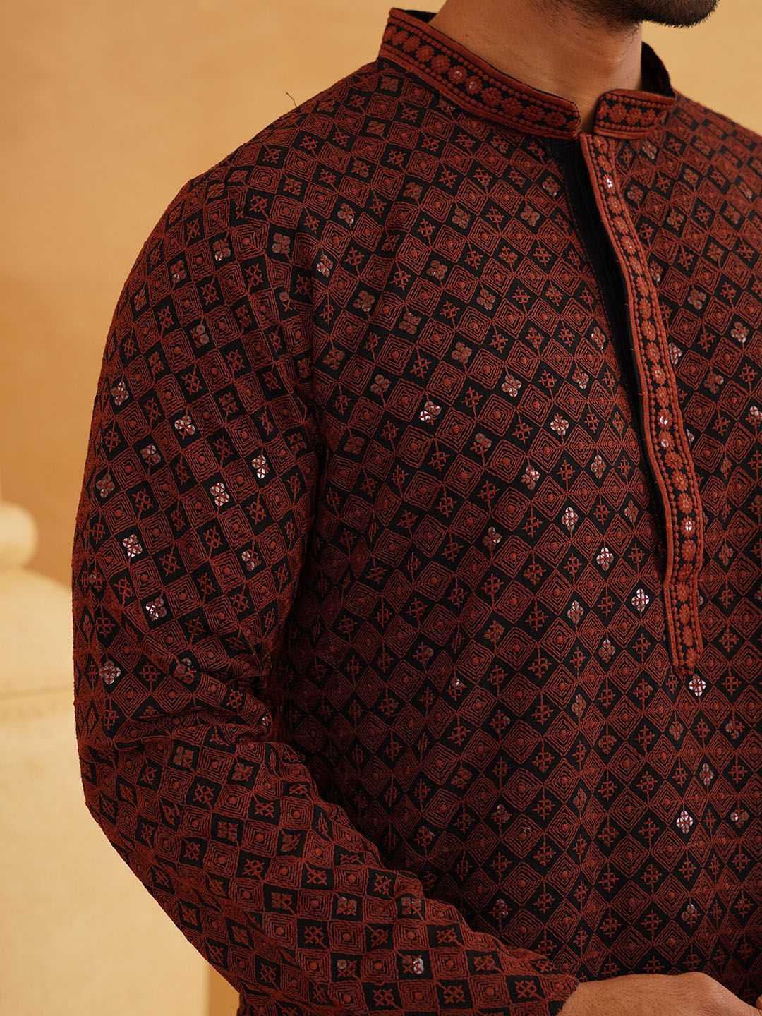 SOJANYA Geometric Embroidered Mandarin Collar Thread Work Pure Cotton Kurta with Churidar