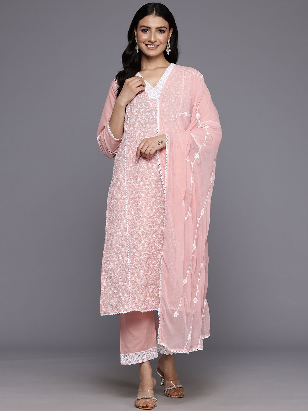 Varanga Floral Embroidered Panelled Thread Work Pure Cotton Kurta With Trousers & Dupatta