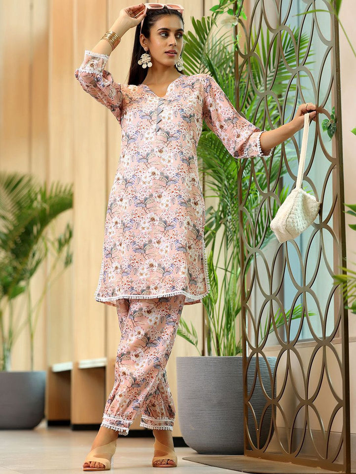 Libas Floral Printed Thread Work Puffed Sleeves Pure Cotton Kurta With Salwar