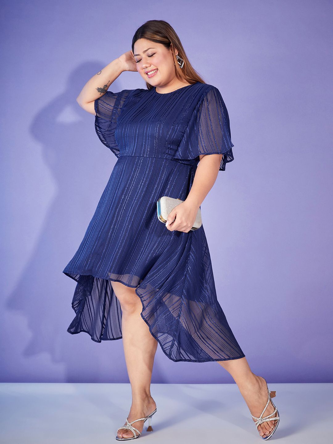 SASSAFRAS Curve Plus Size Navy Blue Self Design Flared Sleeves Fit & Flare Midi Dress