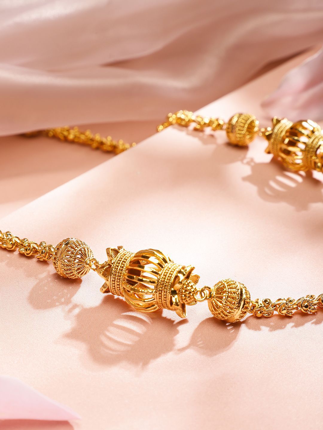 Rubans Wanita 22K Kalung Panjang Berbaduan Emas dengan Motif Manik-manik yang Berbadu