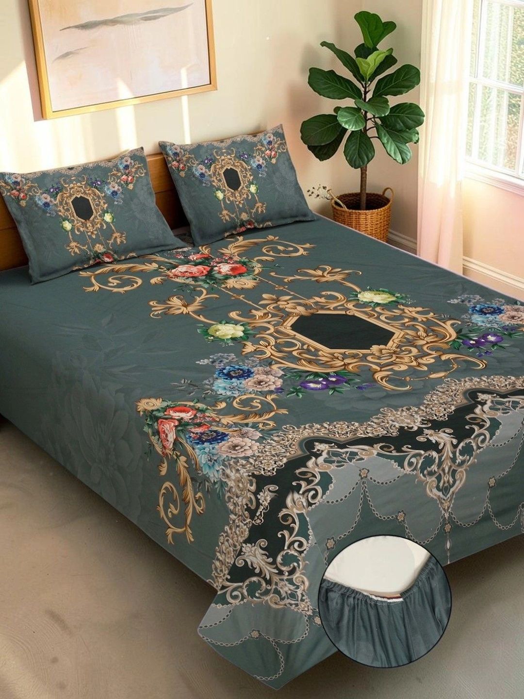 Moda Rapido X KLOTTHE Green & Brown Ethnic Motifs 400 TC King Bedsheet with 2 Pillow Covers