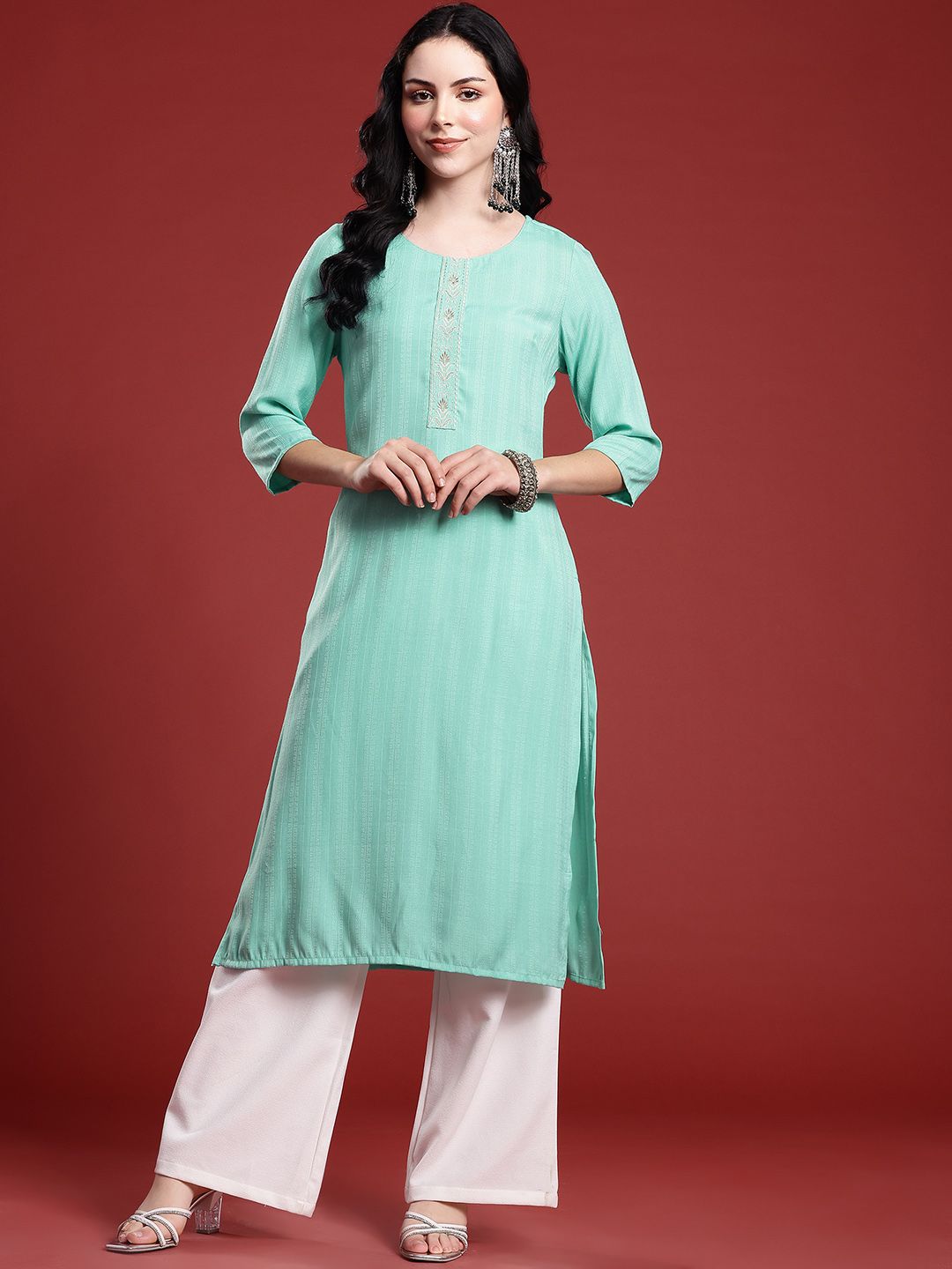 Anouk Woven Design Thread Work Straight Kurta
