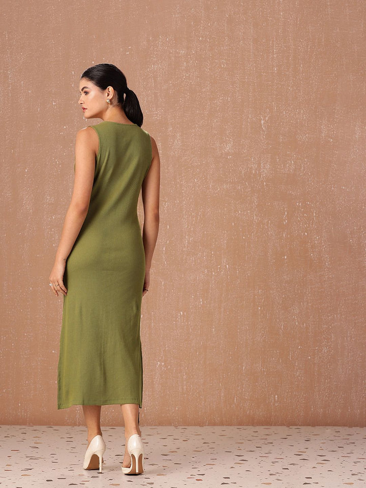 all about you Pure Cotton Ribbed Sleeveless Side Slits Sheath Midi Dress