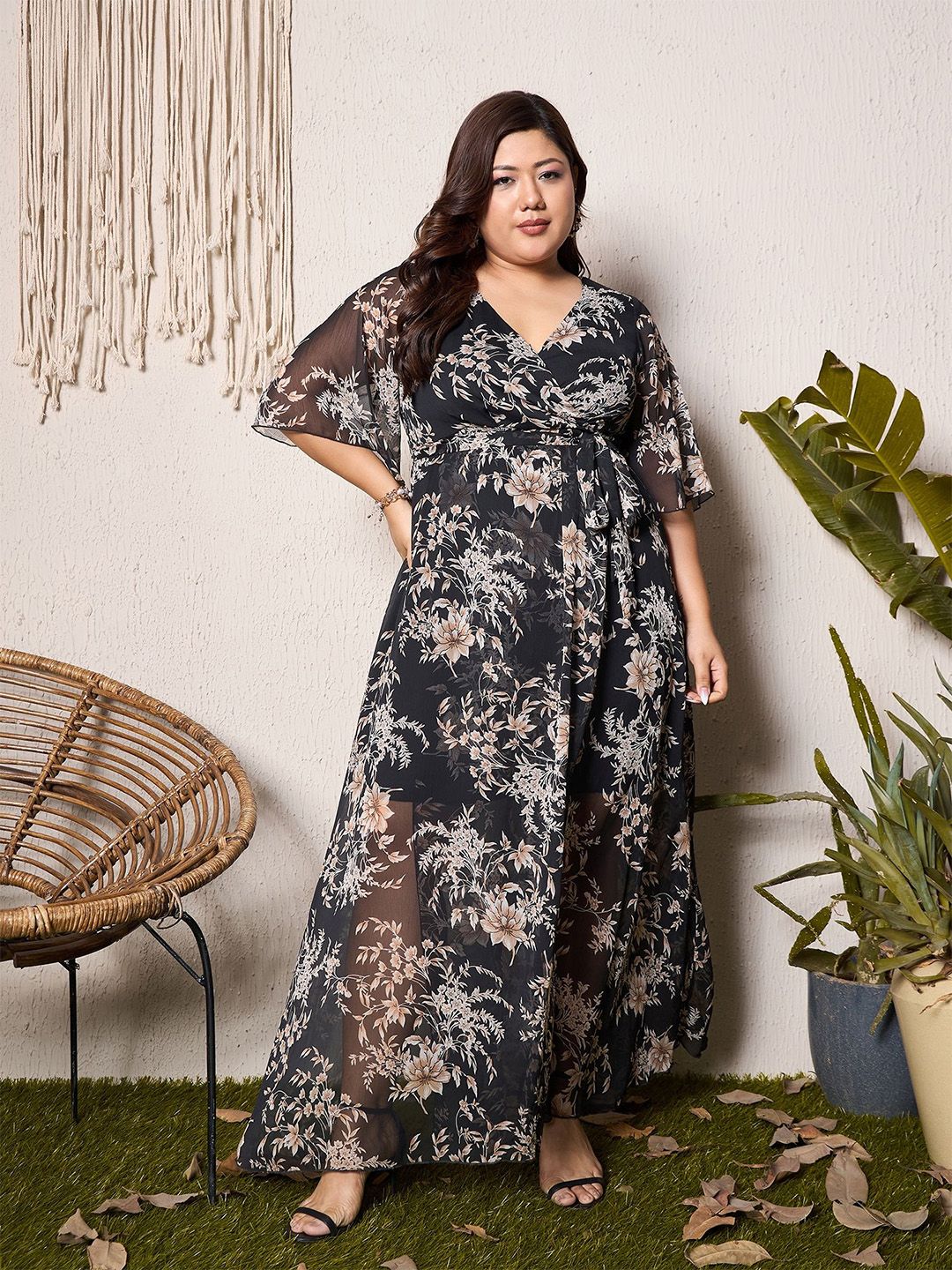Berrylush Curve Women Floral Print Chiffon Empire Midi Dress