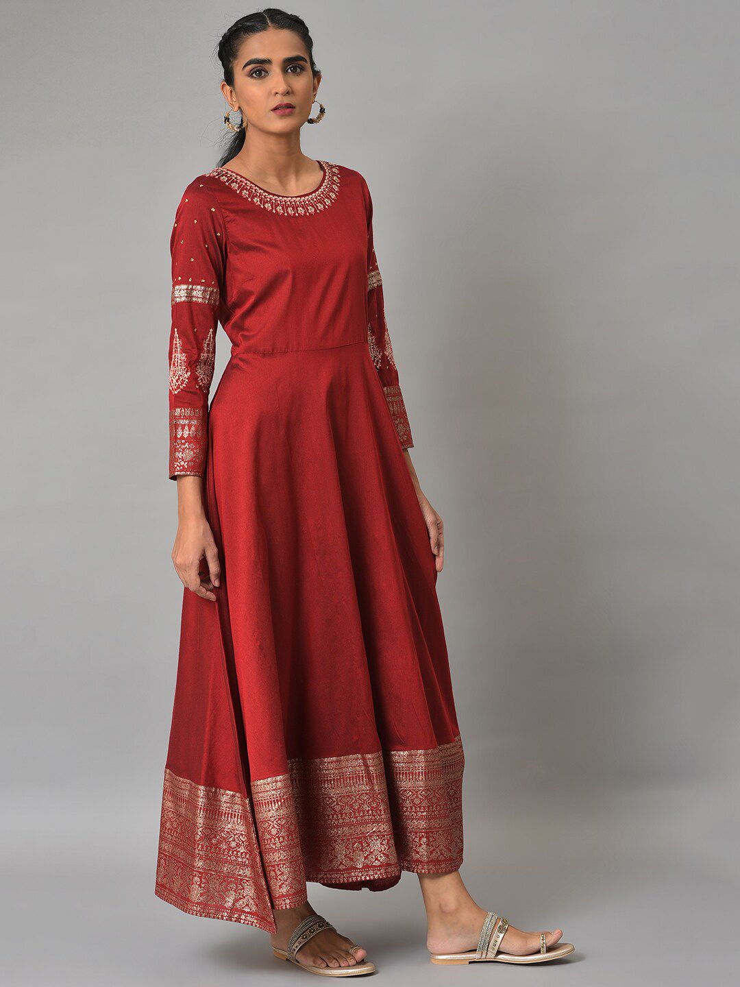 W Red Embellished Fit & Flare Maxi Ethnic Dress