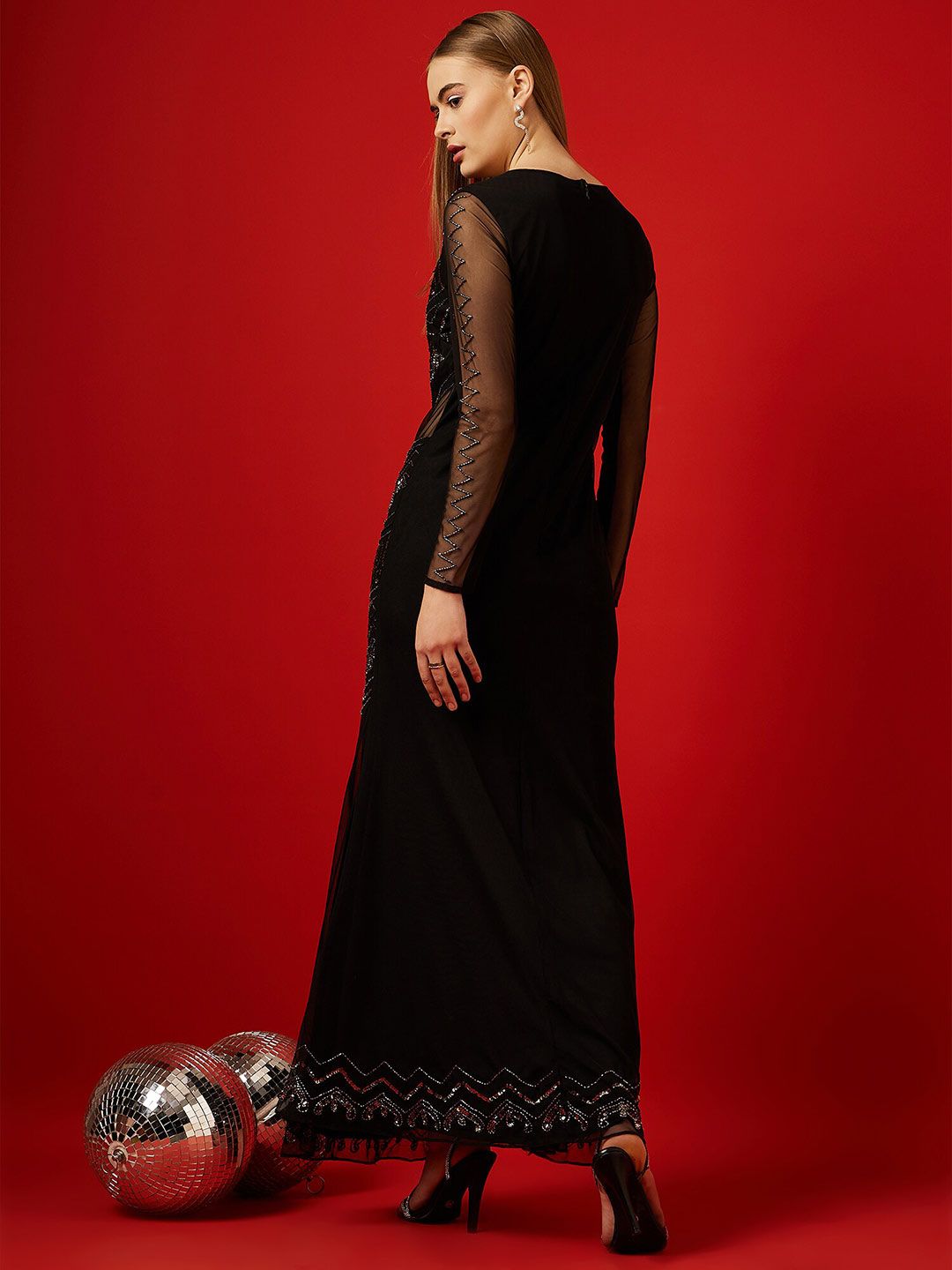 STREET 9 Embellished Sequinned Long Sleeves Net Maxi Dress