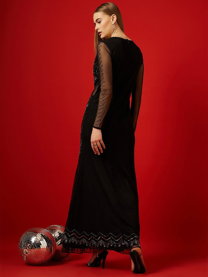 STREET 9 Embellished Sequinned Long Sleeves Net Maxi Dress