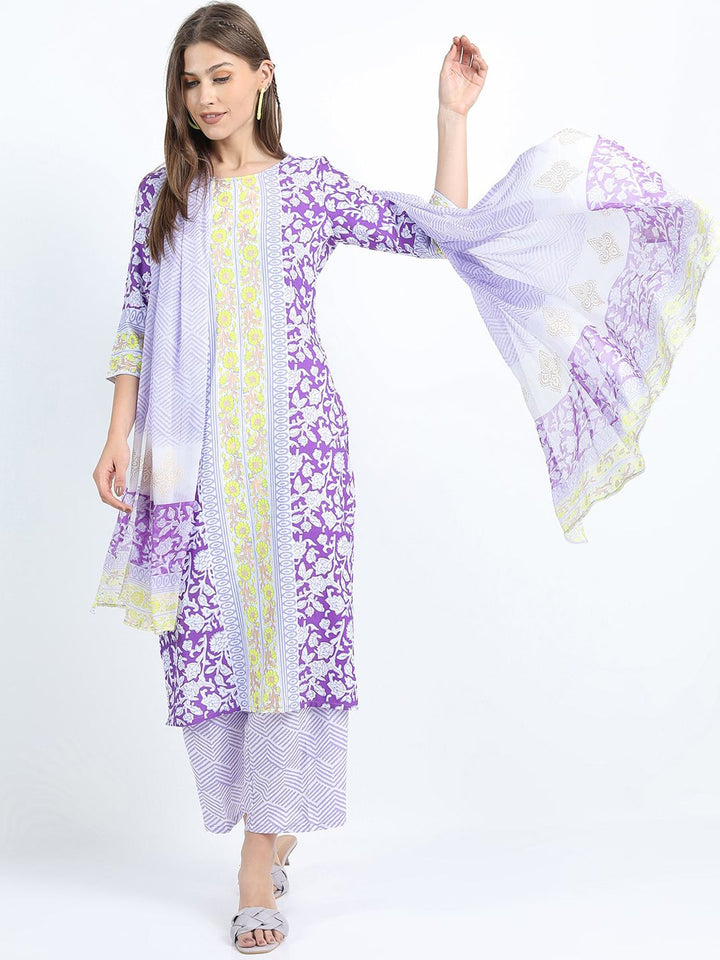 Vishudh Women Mauve printed Straight Kurta with Palazzo and Dupatta