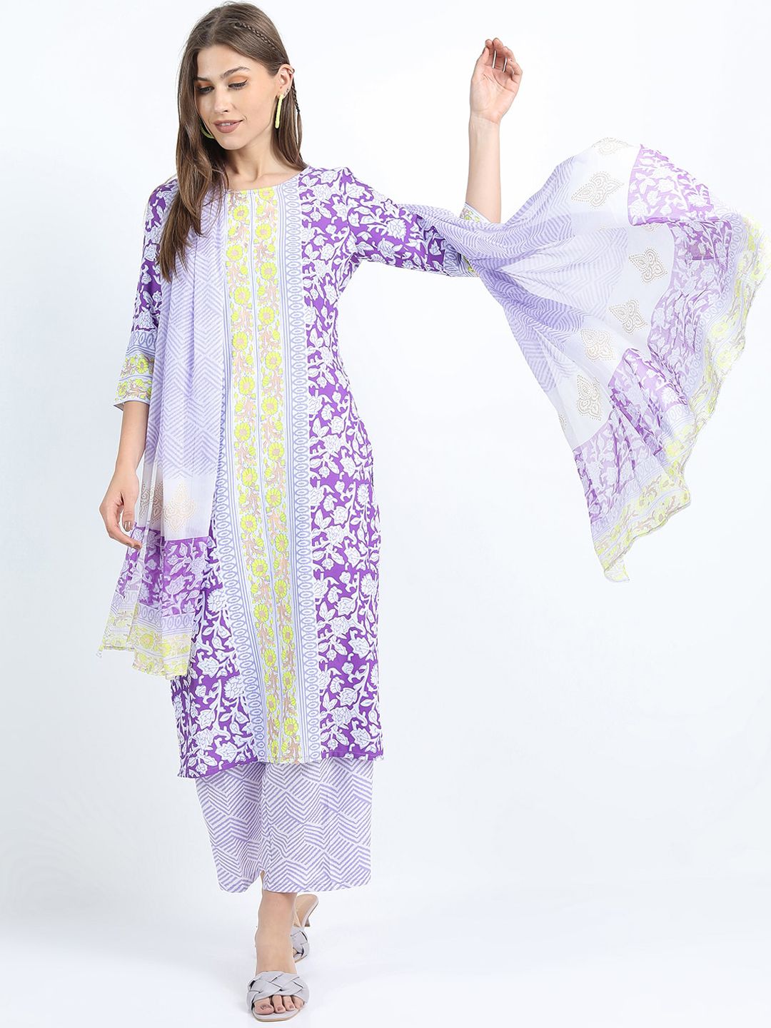 Vishudh Women Mauve printed Straight Kurta with Palazzo and Dupatta