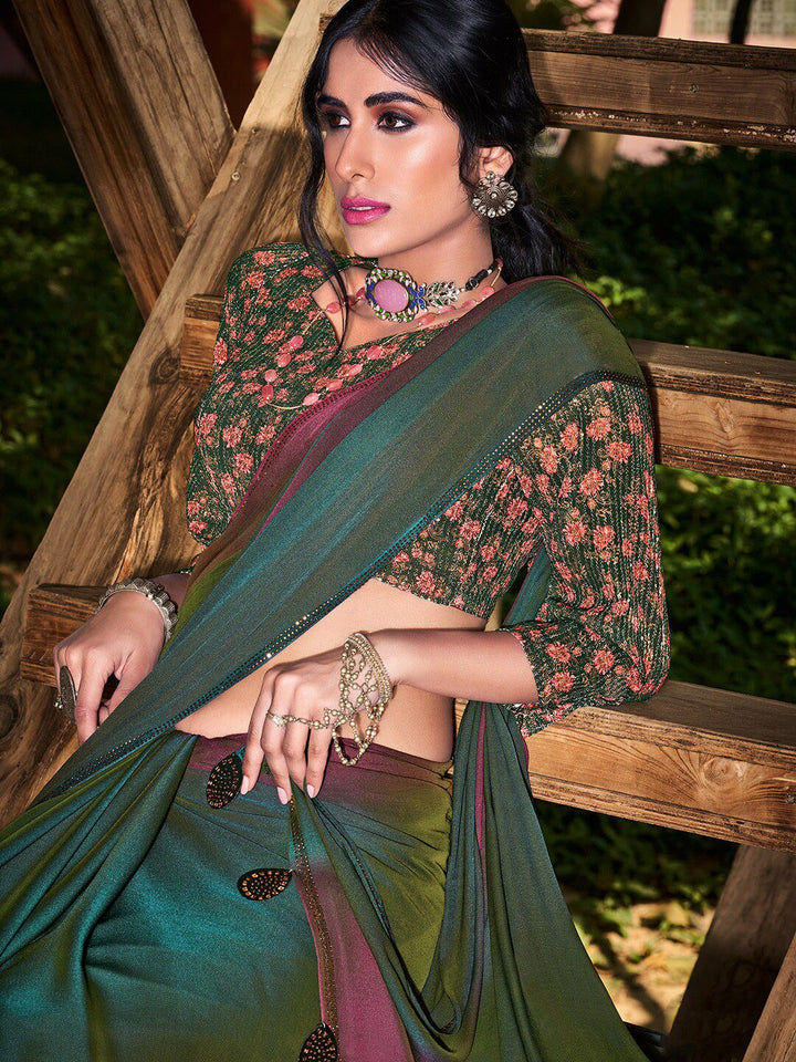 Saree mall Teal & Mauve Ombre Embellished Sarees