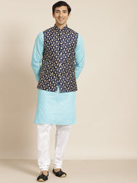 SOJANYA Men Blue Chikankari Pure Cotton Kurta with Churidar & Nehru Jacket