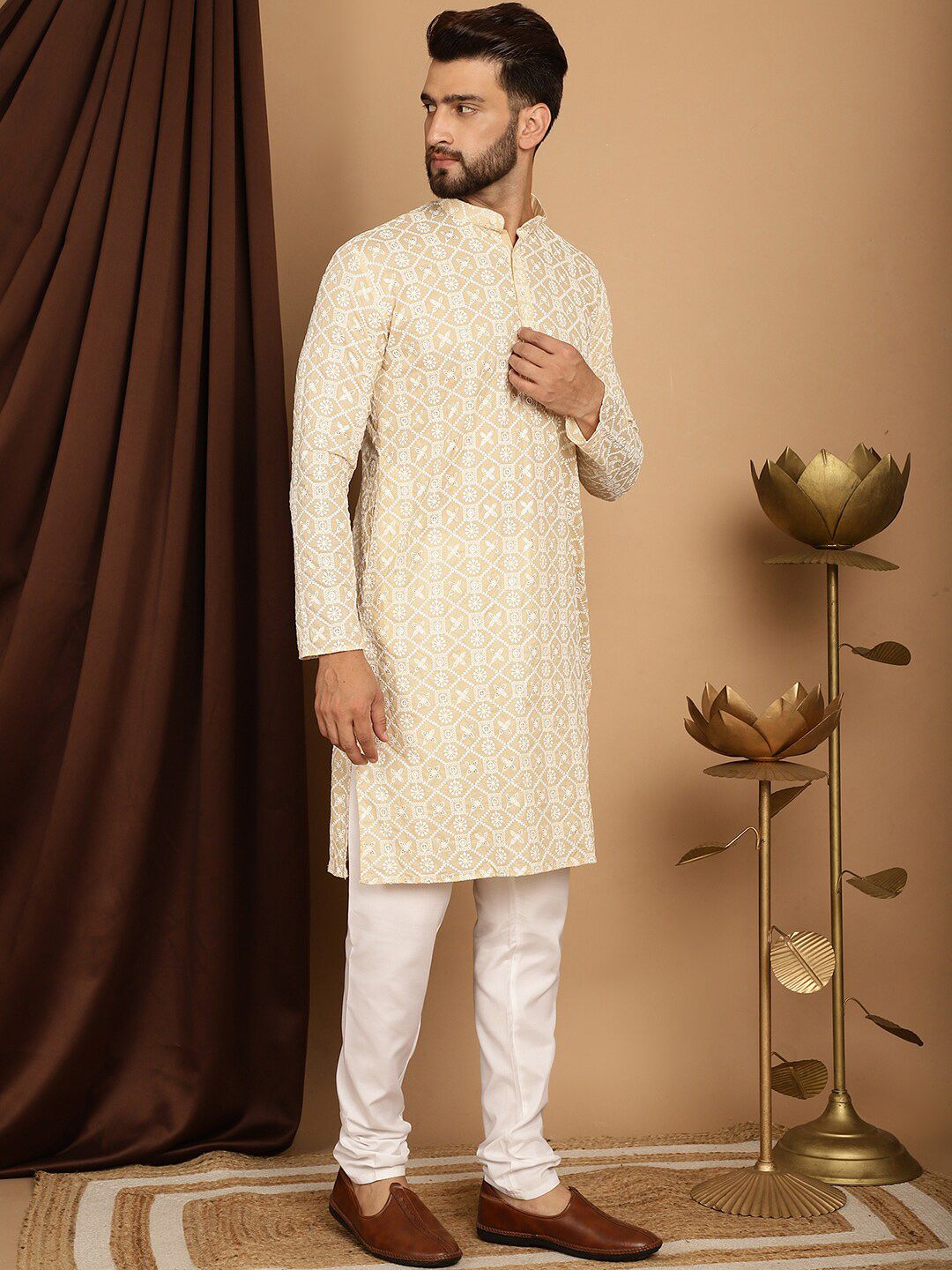 SOJANYA Kolar Jalur Bersulam Geometri Lengan Panjang Kurta Kapas Tulen Dengan Churidar