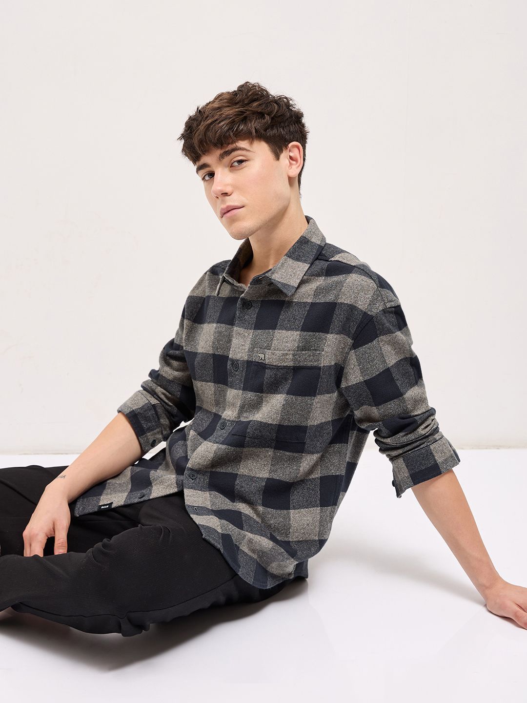 THE BEAR HOUSE Men Spread Collar Buffalo Checked Cotton Shirt