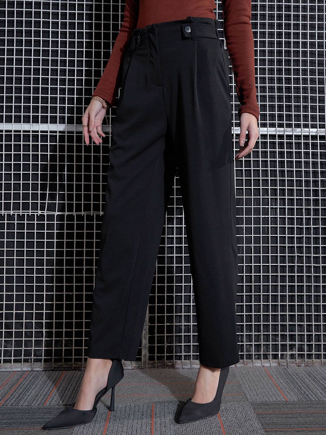 SASSAFRAS Women Black High-Rise Pleated Trousers