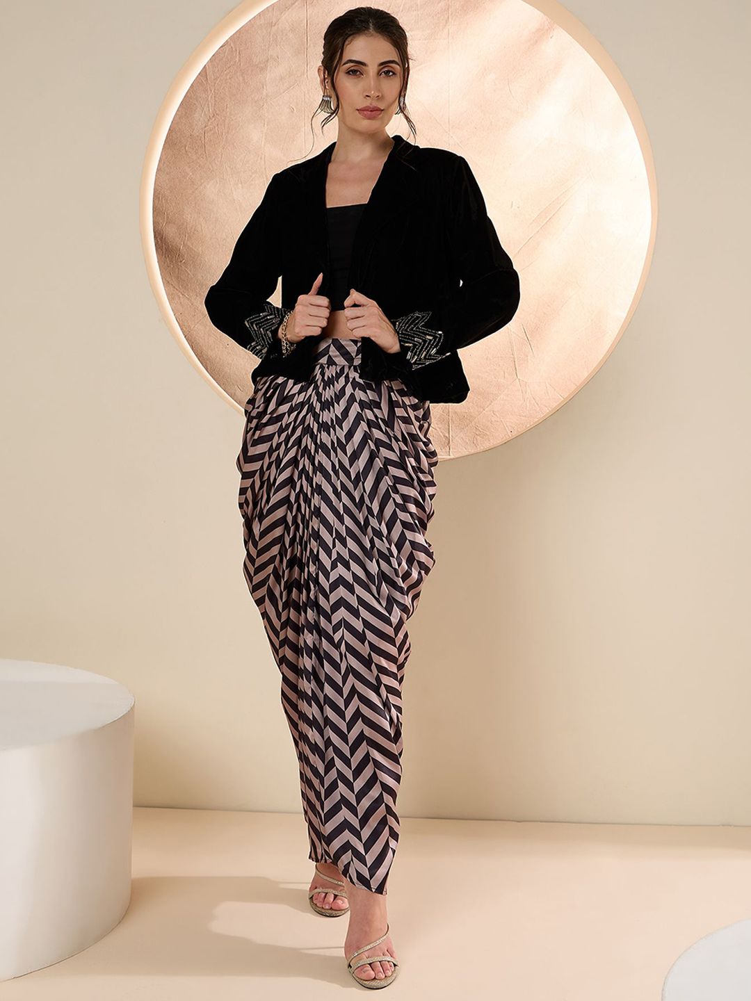 Antheaa Embellished Shawl Neck Jacket With Skirt