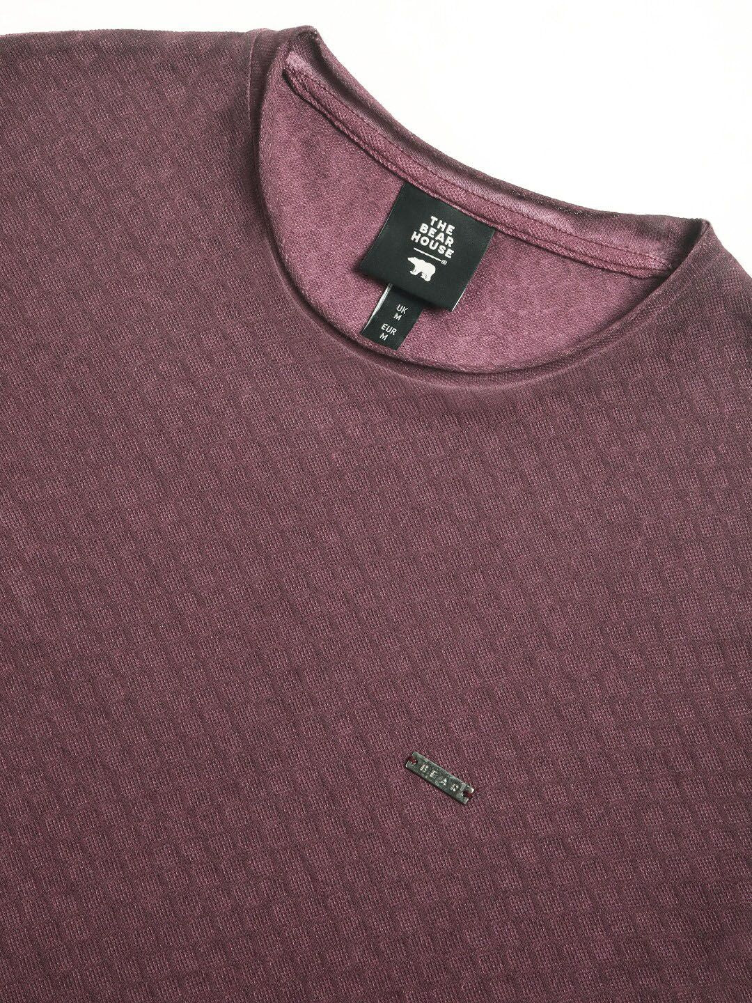 THE BEAR HOUSE Self Design Round Neck Short Sleeves Cotton T-shirt