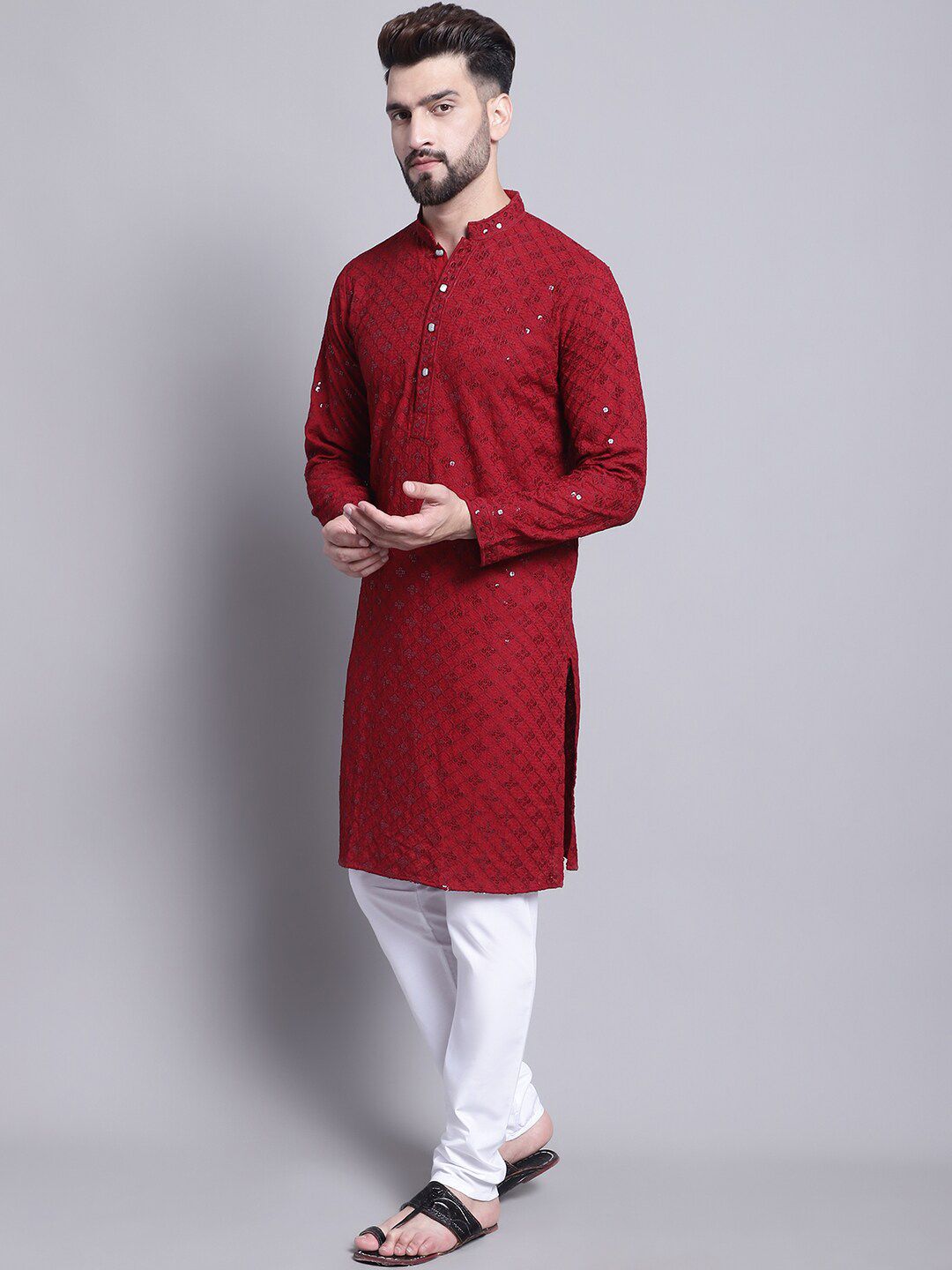 SOJANYA Ethnic Motifs Embroidered Sequined Pure Cotton Kurta with Churidar