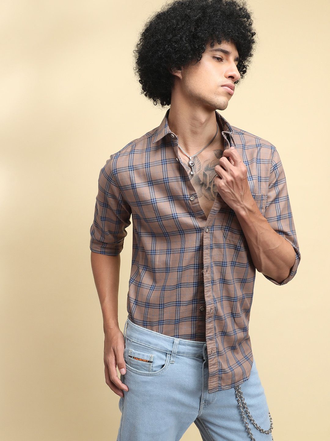 The Indian Garage Co Men Beige & Navy Blue Slim Fit Printed Casual Shirt