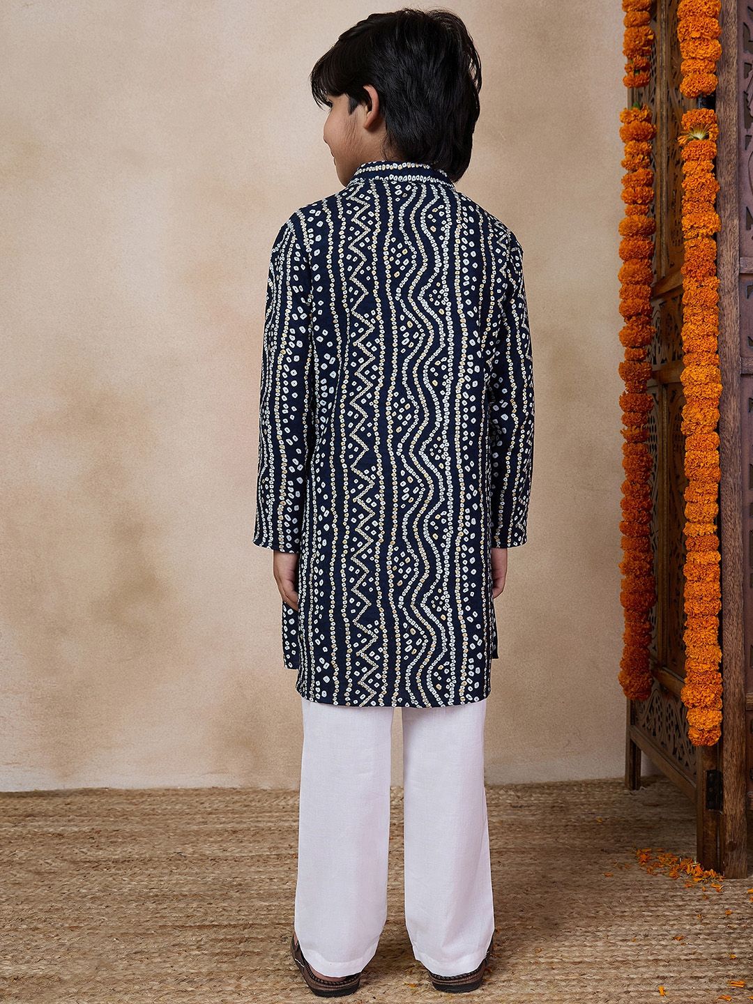 pspeaches Boys Bandhani Printed Band Collar Kurta with Pyjamas