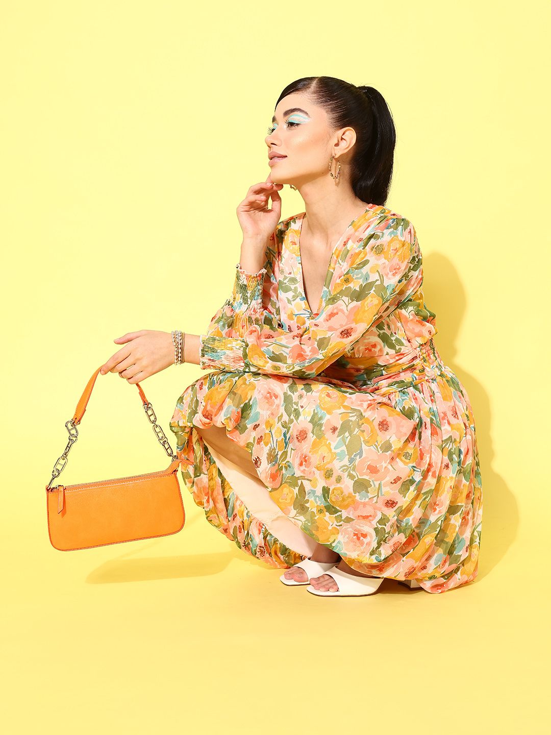 Antheaa Floral Print Puff Sleeve Chiffon A-Line Dress