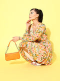 Antheaa Floral Print Puff Sleeve Chiffon A-Line Dress
